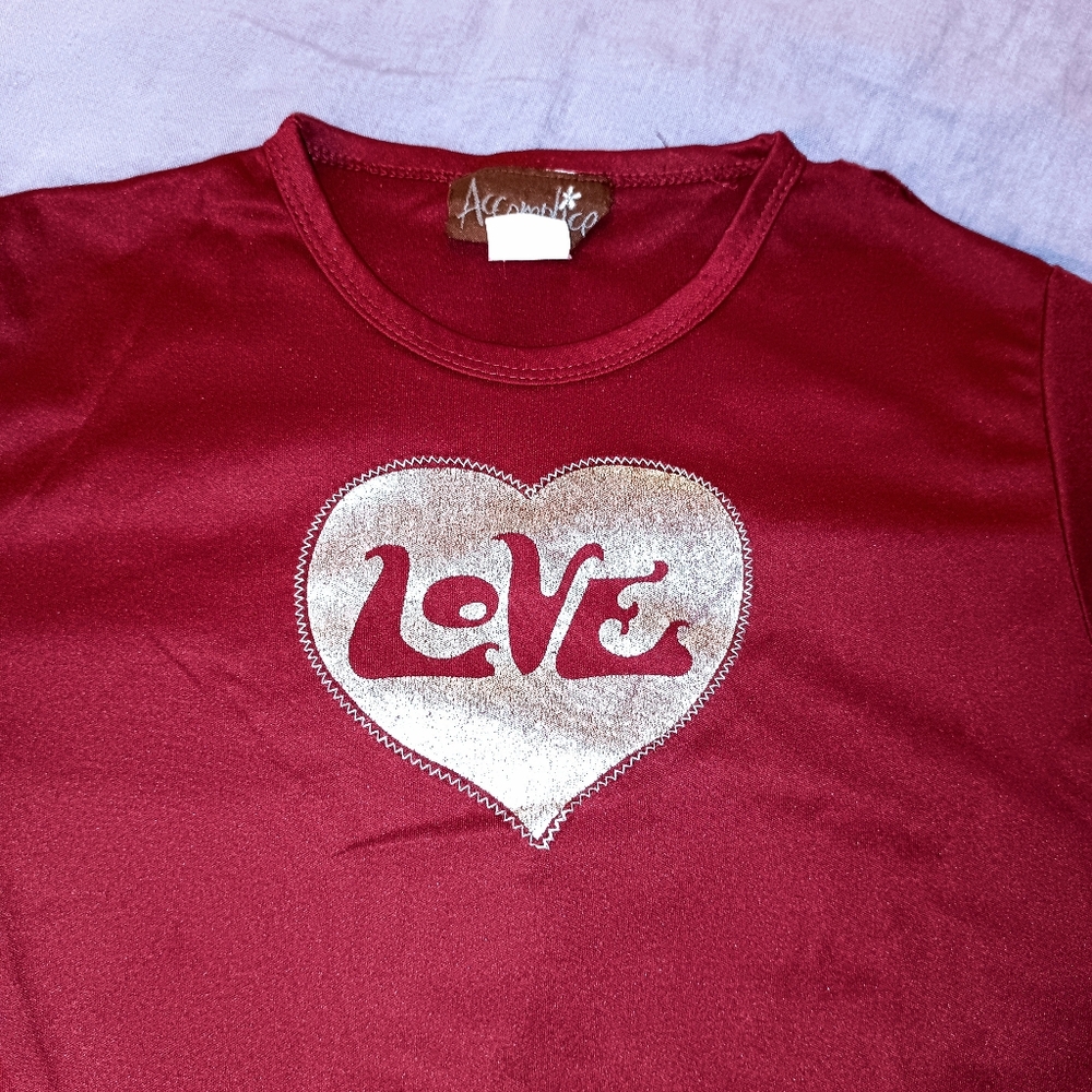Indie Sleaze Long Sleeve Cropped Top LOVE Heart Burgundy Silver 90s Grunge Y2K - Picture 4 of 13